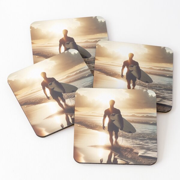 Item preview, Silhouette of a surfer holding a board on a beach at golden sunset, waves lapping at feet, dramatic clouds in the background designed and sold by homydesign.