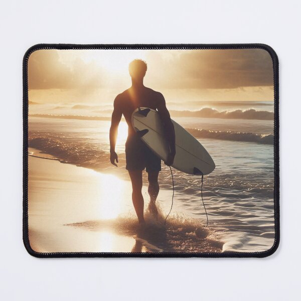Item preview, Silhouette of a surfer holding a board on a beach at golden sunset, waves lapping at feet, dramatic clouds in the background designed and sold by homydesign.