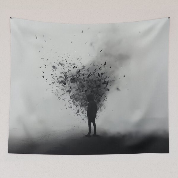 Item preview, A design of a lone figure in a stark, grayscale setting, with dark fragments swirling around. designed and sold by HEMRO.