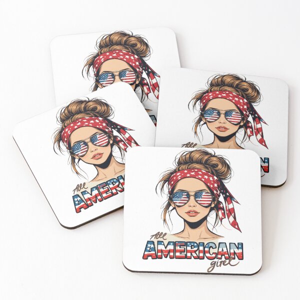 Item preview, All American Girl Women's Messy Bun Bandana and USA Flag Glasses T-Shirt designed and sold by PrintFusion57.