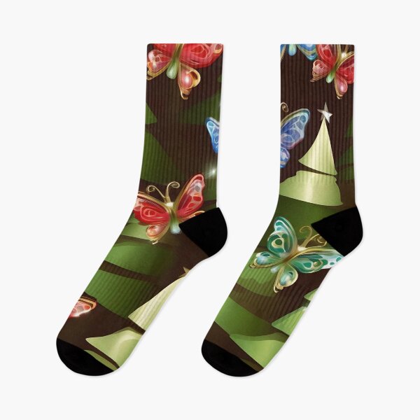 Item preview, Christmas and New Year Among Pines and Butterflies, Green, Red, Blue and Yellow designed and sold by Ciervo Primavera.