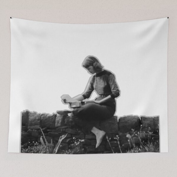 Item preview, Sylvia Plath portrait typing outdoors designed and sold by Oqueartecura.