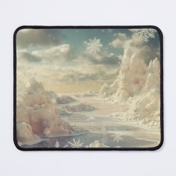 Item preview, whimsical snow mounds and delicate ice formations stretch toward a soft, pastel sky filled with drifting snowflakes. designed and sold by HEMRO.