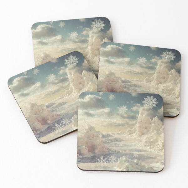 Item preview, whimsical snow mounds and delicate ice formations stretch toward a soft, pastel sky filled with drifting snowflakes.  designed and sold by HEMRO.
