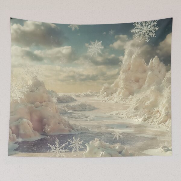 Item preview, whimsical snow mounds and delicate ice formations stretch toward a soft, pastel sky filled with drifting snowflakes.  designed and sold by HEMRO.