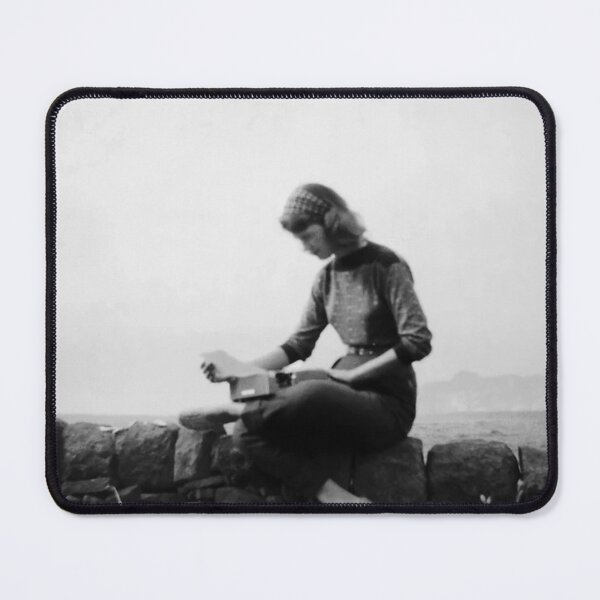 Item preview, Sylvia Plath iconic portrait typing outdoors designed and sold by Oqueartecura.