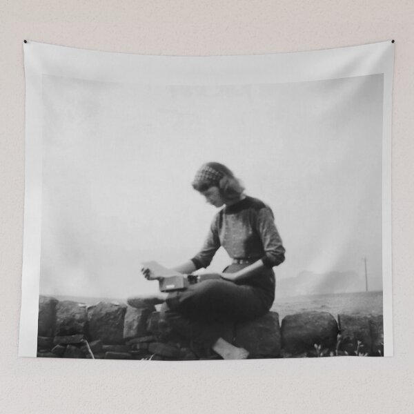 Item preview, Sylvia Plath iconic portrait typing outdoors designed and sold by Oqueartecura.