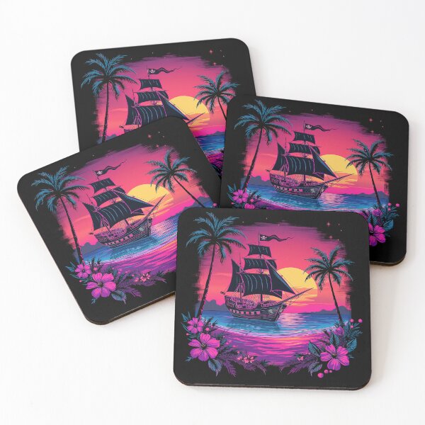 Artikelvorschau, Retro Synthwave Piratenschiff Tropischer Sonnenuntergang Palmen entworfen und verkauft von SpookshowDesign.