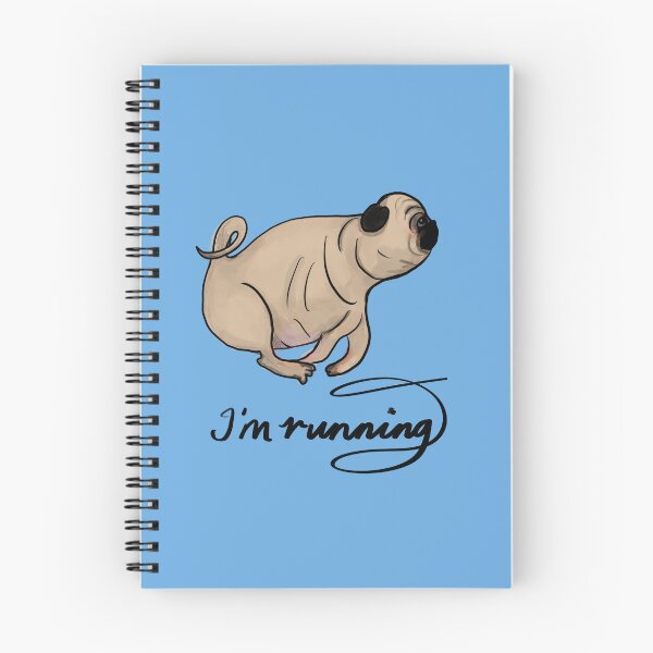 Item preview, Creamy Tan PUG Running with the words ‘I’m running.’ Blue background  designed and sold by MonicaArtist.