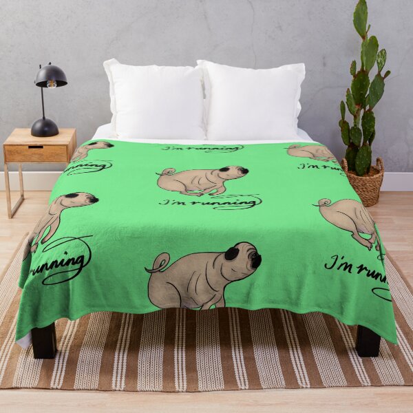 Item preview, Creamy Tan PUG Running with the words ‘I’m running.’ Green background designed and sold by MonicaArtist.