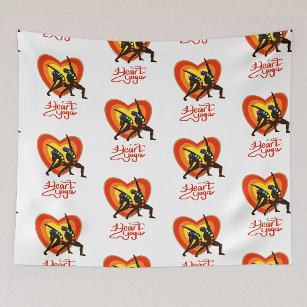 Item preview, HEART YOGA. Sunrise colours, Man, Woman in Reverse Warrior silhouette with colourful chakras, white background designed and sold by MonicaArtist.