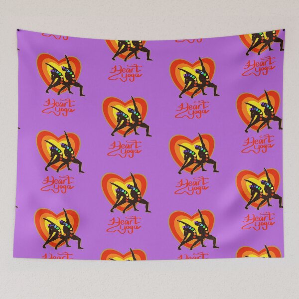 Item preview, HEART YOGA. Sunrise colours, Man, Woman in Reverse Warrior silhouette with colourful chakras, Lavender background designed and sold by MonicaArtist.