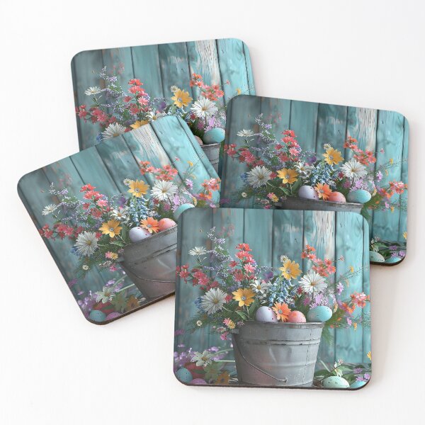 Item preview, Vivid Easter Eggs in Vintage Pail Adorned with Exuberant Spring Flower. designed and sold by CheerForGoods.