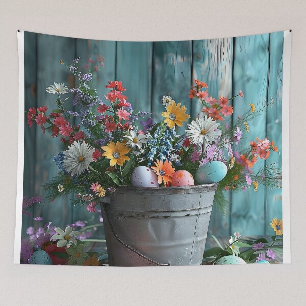 Item preview, Vivid Easter Eggs in Vintage Pail Adorned with Exuberant Spring Flower. designed and sold by CheerForGoods.
