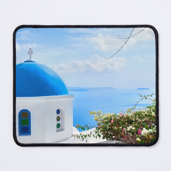 Item preview, Santorini Greece - Blue Dome Sunny Day Bougainvillea designed and sold by Adam Gormley.