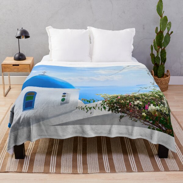 Item preview, Santorini Greece - Blue Dome Sunny Day Bougainvillea designed and sold by Adam Gormley.