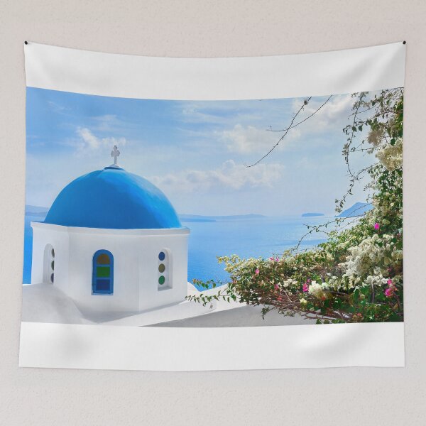 Item preview, Santorini Greece - Blue Dome Sunny Day Bougainvillea designed and sold by Adam Gormley.