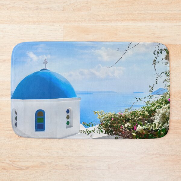 Item preview, Santorini Greece - Blue Dome Sunny Day Bougainvillea designed and sold by Adam Gormley.