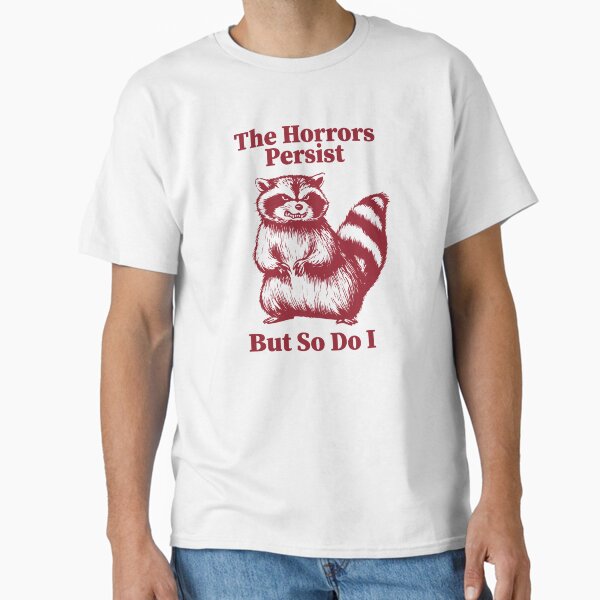 Vista previa del artículo con la obra «Los horrores persisten, pero yo también. Divertido meme vintage de mapache», diseñado y vendido por aymanehammi.