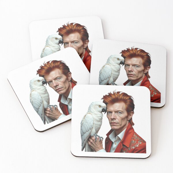 Item preview, David Bowie holding white parrot PopArt, surrealism T-shirt, unique design designed and sold by TaliaShin.