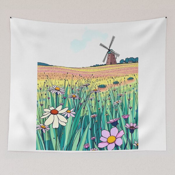 Item preview, Windmill in a Field of Blooming Wildflowers   designed and sold by AHMEDMAMADO.