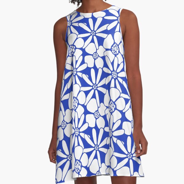 Bold Blue and White Floral Pattern | Modern Nature-Inspired Design A-Line Dress