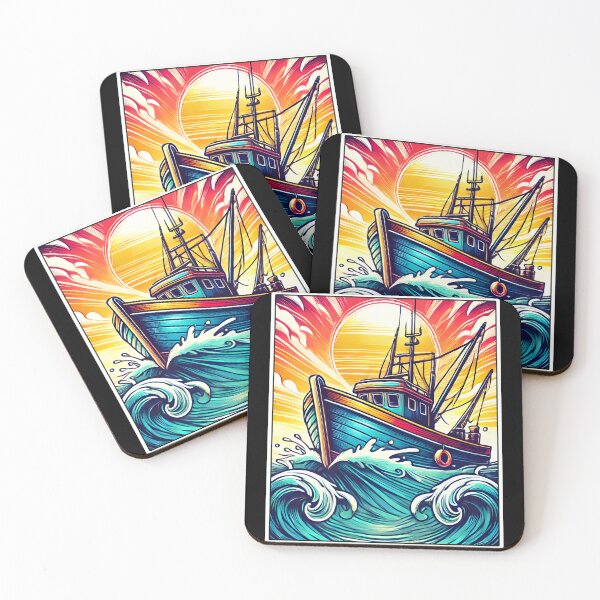 Item preview, Vibrant Fishing Boat Art - Retro Nautical Ocean Waves Illustration with Dramatic Sunrise designed and sold by DrawHandArt.