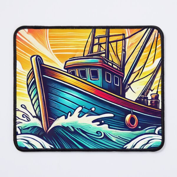 Item preview, Vibrant Fishing Boat Art - Retro Nautical Ocean Waves Illustration with Dramatic Sunrise designed and sold by DrawHandArt.