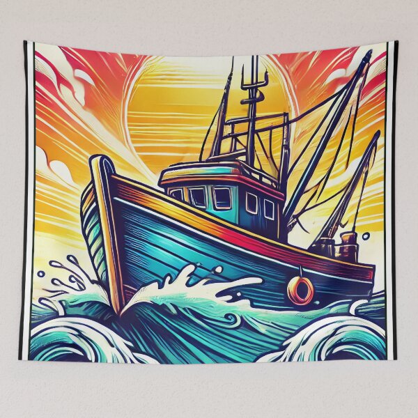 Item preview, Vibrant Fishing Boat Art - Retro Nautical Ocean Waves Illustration with Dramatic Sunrise designed and sold by DrawHandArt.