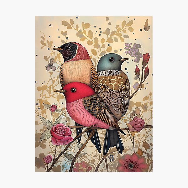 Item preview, Vintage illustration of three birds in an elegant floral setting designed and sold by celiacreatec.