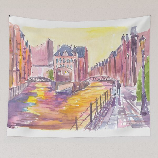 Item preview, Golden Twilight Over Hamburg Historic Speicherstadt Canals designed and sold by artshop77.