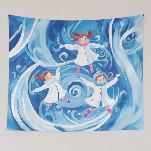 Item preview, A design features a group of children twirling through gusts of a frosty breeze, dressed in bright white winter coats and scarves. designed and sold by HEMRO.