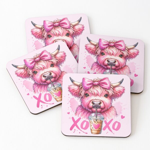 Item preview, Cute Pink Highland Cow Drinking Iced Coffee Stickers , tees, and more designed and sold by CRandRRstickers.