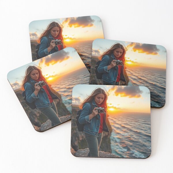 Item preview, A young woman holding a camera stands on a cliff edge at sunset, with the ocean and dramatic clouds in the background designed and sold by homydesign.