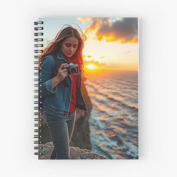 Item preview, A young woman holding a camera stands on a cliff edge at sunset, with the ocean and dramatic clouds in the background designed and sold by homydesign.