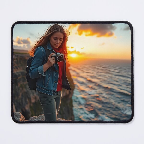 Item preview, A young woman holding a camera stands on a cliff edge at sunset, with the ocean and dramatic clouds in the background designed and sold by homydesign.