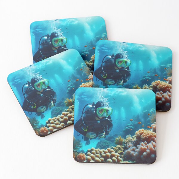 Item preview, A scuba diver explores a vibrant coral reef teeming with colorful marine life, illuminated by sunlight filtering through the water designed and sold by homydesign.
