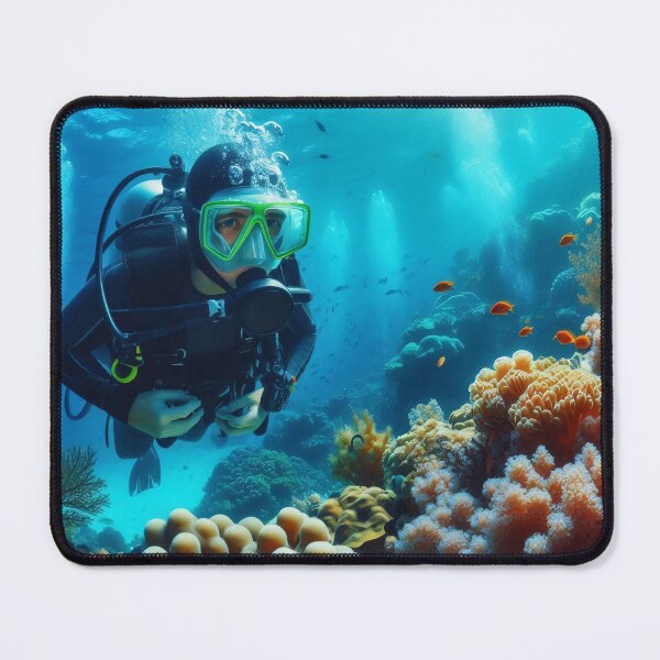 Item preview, A scuba diver explores a vibrant coral reef teeming with colorful marine life, illuminated by sunlight filtering through the water designed and sold by homydesign.