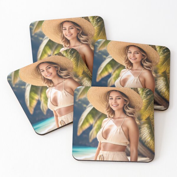 Item preview, A woman with long hair wearing a wide-brimmed straw hat and a beige halter top stands on a tropical beach with palm trees and the ocean in the background designed and sold by homydesign.