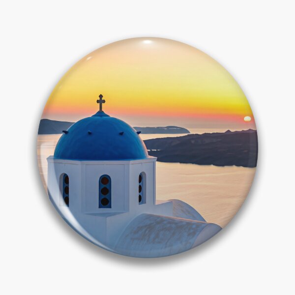 Item preview, A picturesque whitewashed church with a blue dome sits atop a cliff overlooking the Aegean Sea at sunset designed and sold by homydesign.