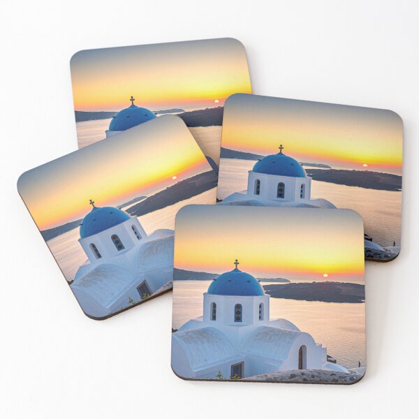 Item preview, A picturesque whitewashed church with a blue dome sits atop a cliff overlooking the Aegean Sea at sunset designed and sold by homydesign.