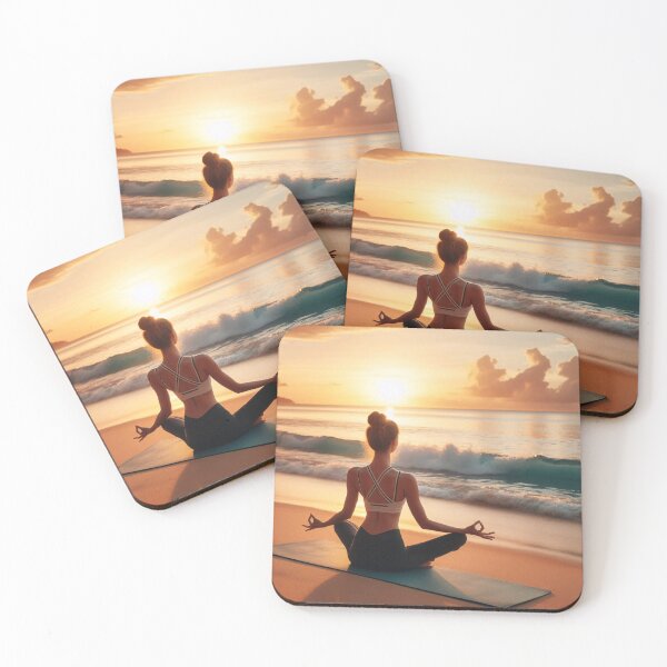 Item preview, A person is meditating on a beach at sunrise, sitting cross-legged on a yoga mat, facing the calm ocean waves designed and sold by homydesign.