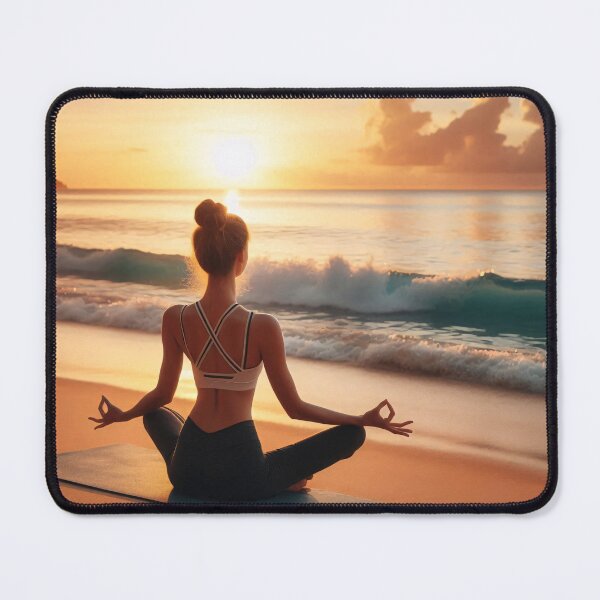 Item preview, A person is meditating on a beach at sunrise, sitting cross-legged on a yoga mat, facing the calm ocean waves designed and sold by homydesign.