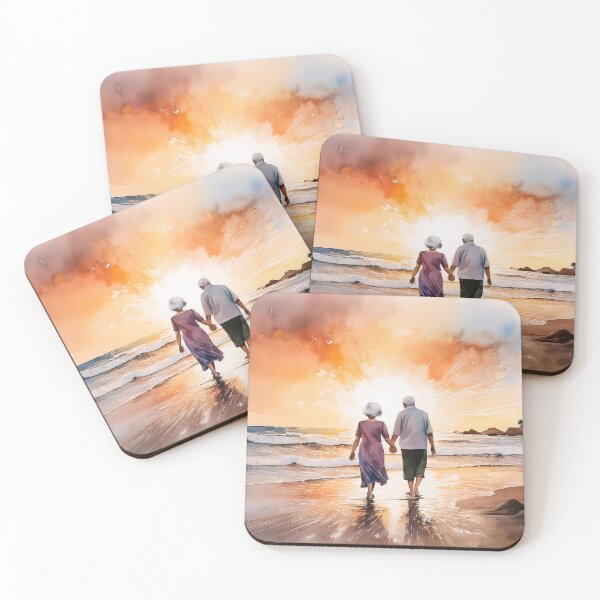 Item preview, An elderly couple walks hand in hand along the beach at sunset, with waves gently touching their feet and a radiant sun setting in the background designed and sold by homydesign.