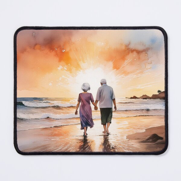 Item preview, An elderly couple walks hand in hand along the beach at sunset, with waves gently touching their feet and a radiant sun setting in the background designed and sold by homydesign.