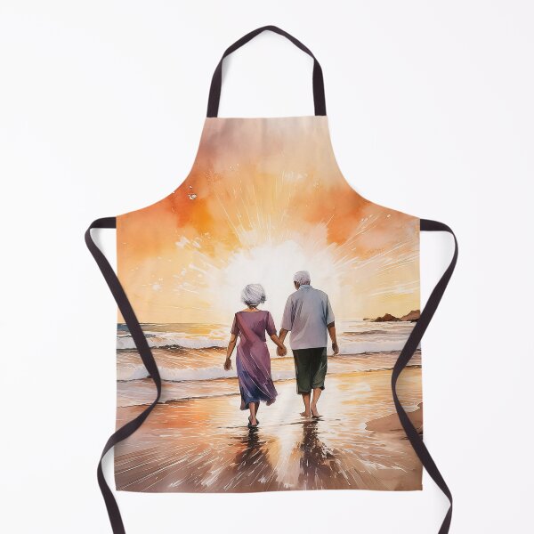 Item preview, An elderly couple walks hand in hand along the beach at sunset, with waves gently touching their feet and a radiant sun setting in the background designed and sold by homydesign.