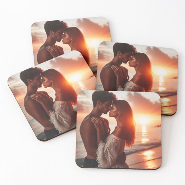 Item preview, A couple embraces on a beach at sunset, with the sun casting a warm glow over the scene designed and sold by homydesign.