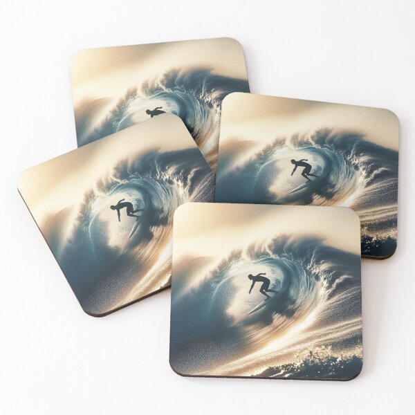 Item preview, Silhouetted surfer rides massive wave against dramatic sunset, creating ethereal atmosphere with sparkling water droplets and golden light reflections designed and sold by homydesign.