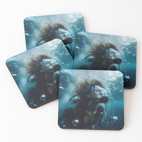 Item preview, A scuba diver explores vibrant coral reefs in crystal-clear turquoise waters, with floating air bubbles and flowing hair creating a dreamlike underwater scene designed and sold by homydesign.