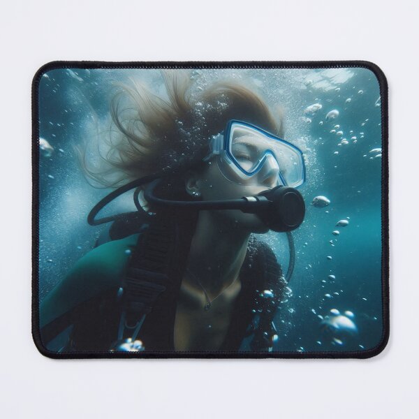 Item preview, A scuba diver explores vibrant coral reefs in crystal-clear turquoise waters, with floating air bubbles and flowing hair creating a dreamlike underwater scene designed and sold by homydesign.